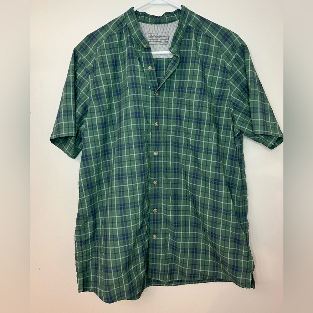 Eddie Bauer XL Tall Green Plaid Short Sleeve Button Up Shirt